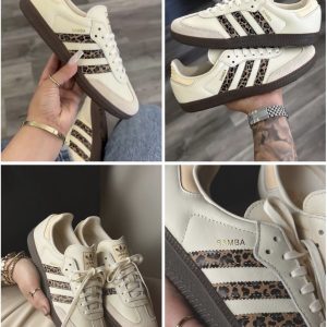 Premium Samba unisex sneakers in cream white leather with dark green side stripes and leopard print heel tab by Hype Outfit Shop