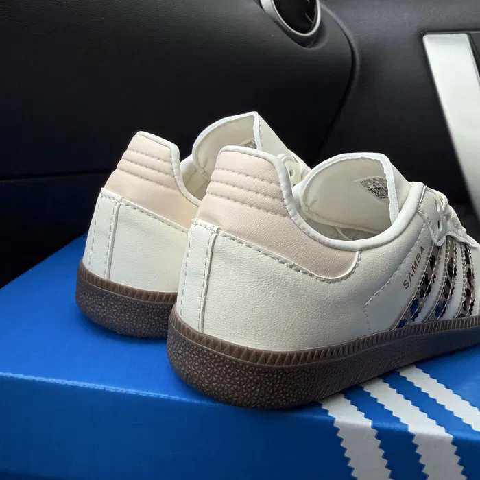 Premium Samba unisex sneakers in cream white leather with dark green side stripes and leopard print heel tab by Hype Outfit Shop