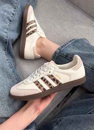 Premium Samba unisex sneakers in cream white leather with dark green side stripes and leopard print heel tab by Hype Outfit Shop