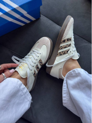 Premium Samba unisex sneakers in cream white leather with dark green side stripes and leopard print heel tab by Hype Outfit Shop