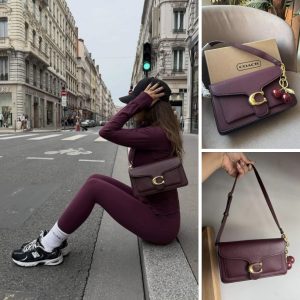 Premium structured leather shoulder bag 26 in deep plum purple with gold metallic closure on Hype Outfit Shop website