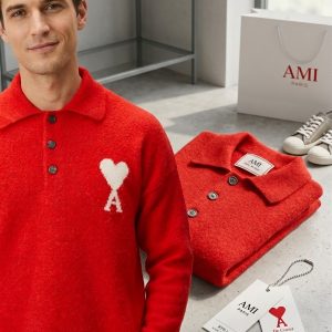 Hype Outfit Shop Premium Red Wool Polo Sweater with White Heart Embroidery Close-up Showcase