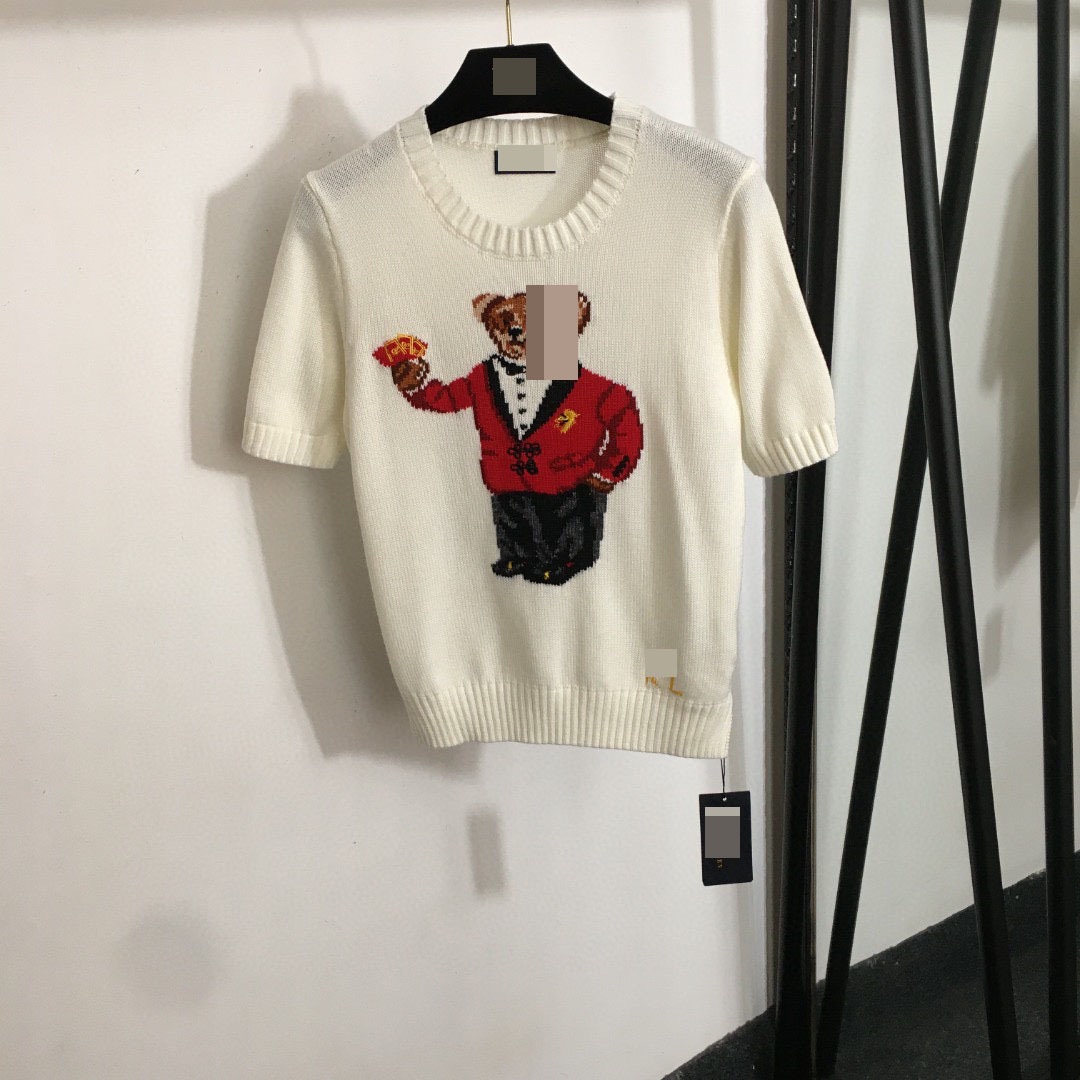 Vintage bear knit short sleeve sweater in white with premium cotton preppy aesthetic design from Hype Outfit Shop